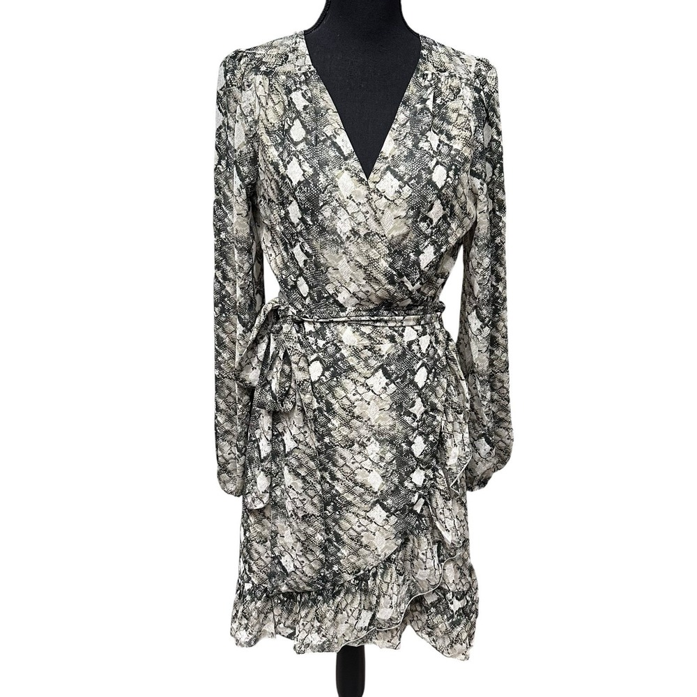 Leyden Python Snake Print Chiffon Wrap Short Dress Long Sleeve Ruffle Size Large